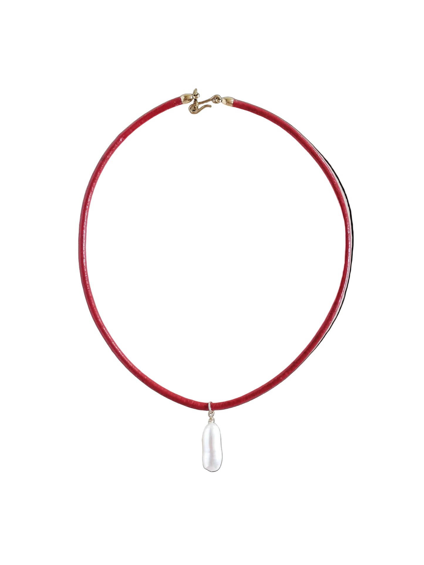 Red necklace with a white pendant on a light gray background