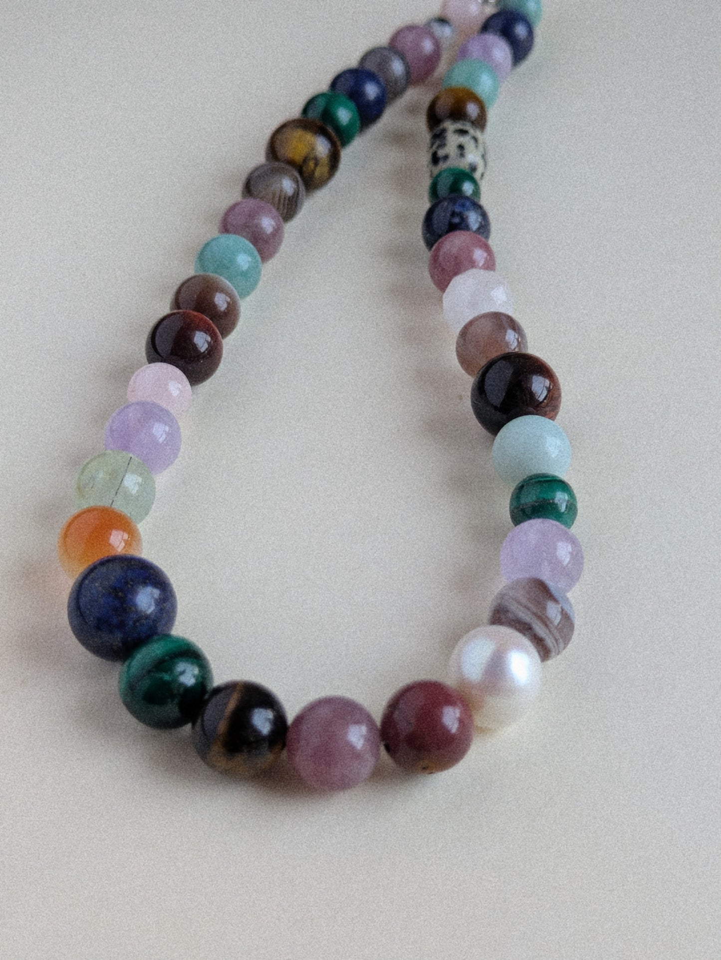 A multicolor beaded necklace made of polished round gemstone and pearl beads, displayed on a light beige background.