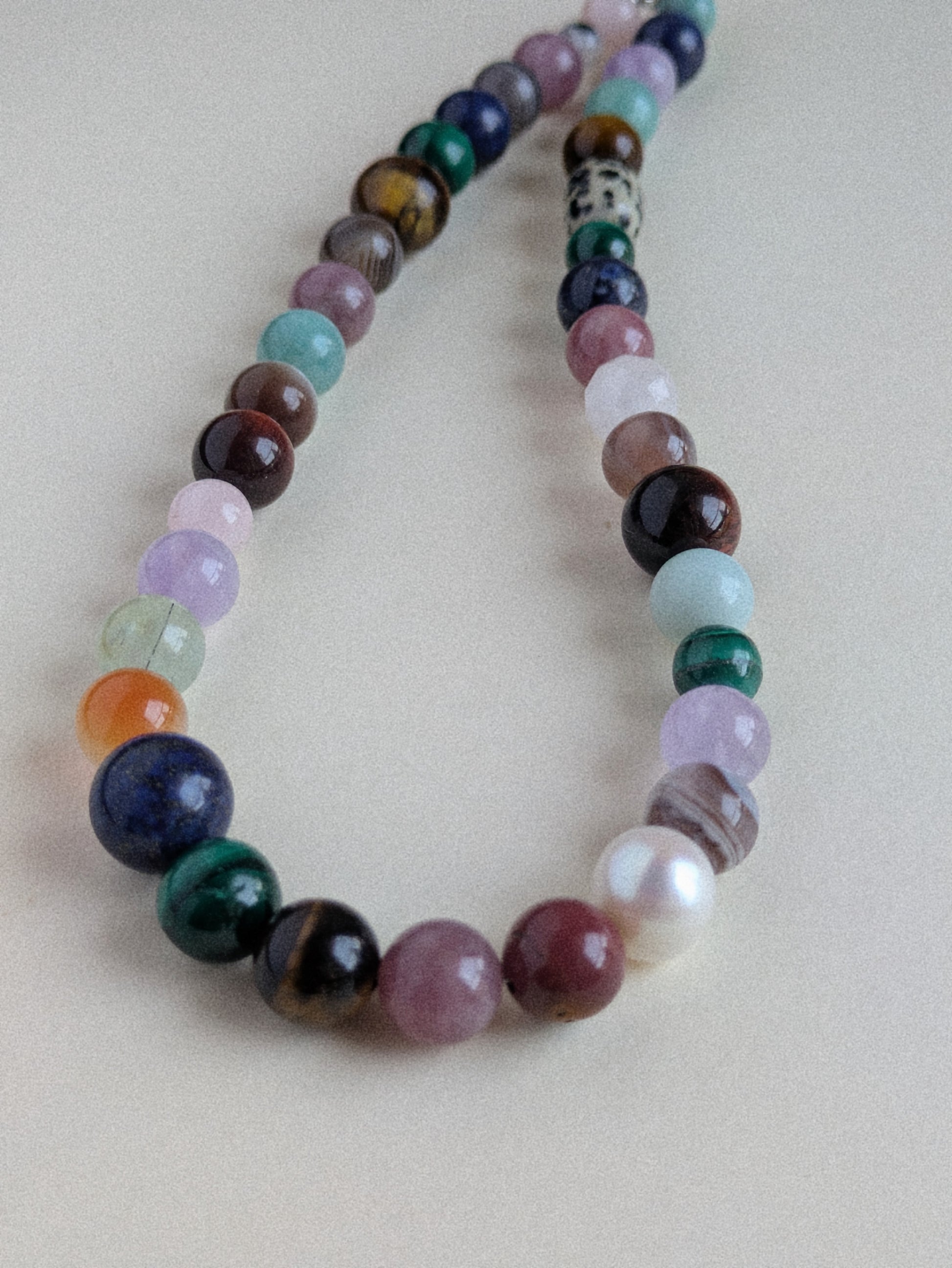 A multicolor beaded necklace made of polished round gemstone and pearl beads, displayed on a light beige background.