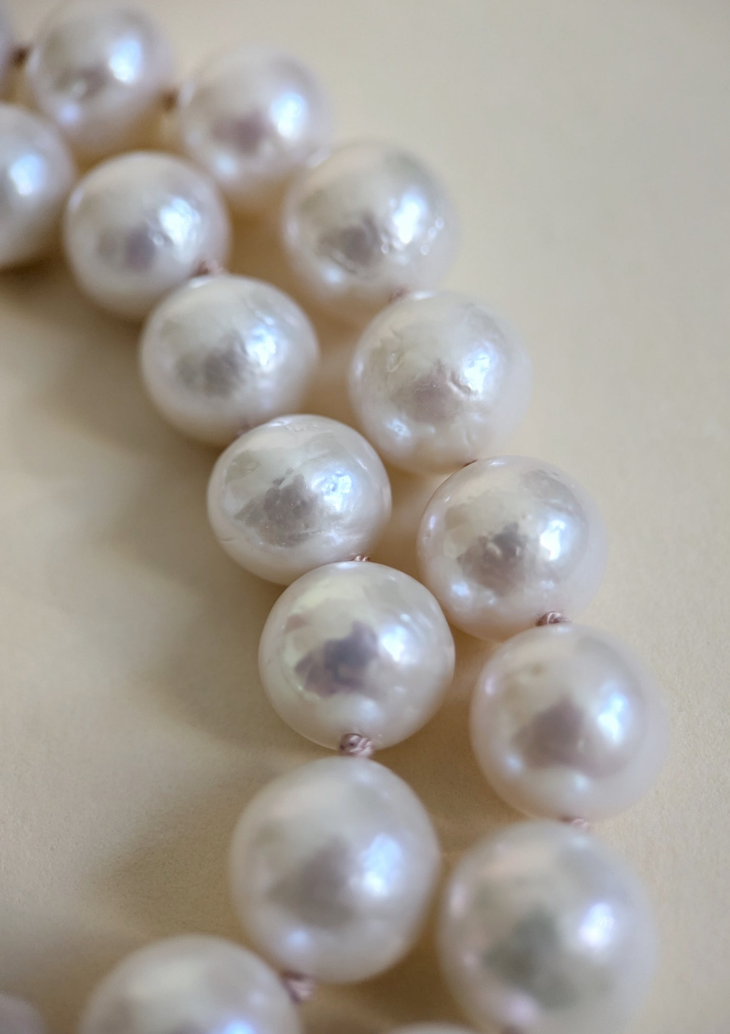 Macro shot of baroque pearl necklace.